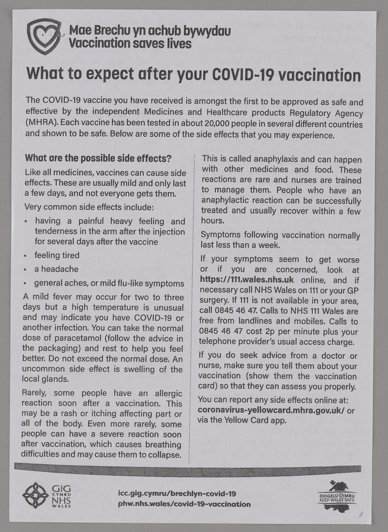 Leaflet &#039;What to expect after your COVID-19 vaccination&#039;.