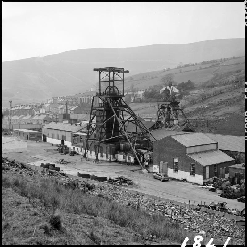 Black and white film negative showing a surface view of Garw Colliery, Pontycymmer, 15 April 1980.  &#039;Garw 15/4/80&#039; is transcribed from original negative bag.