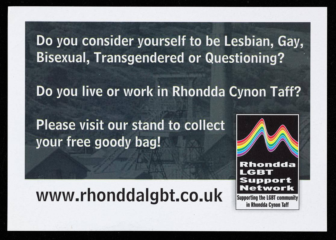 Flyer handed out by Rhondda LGBT Support Network to encourage people to visit their stand.