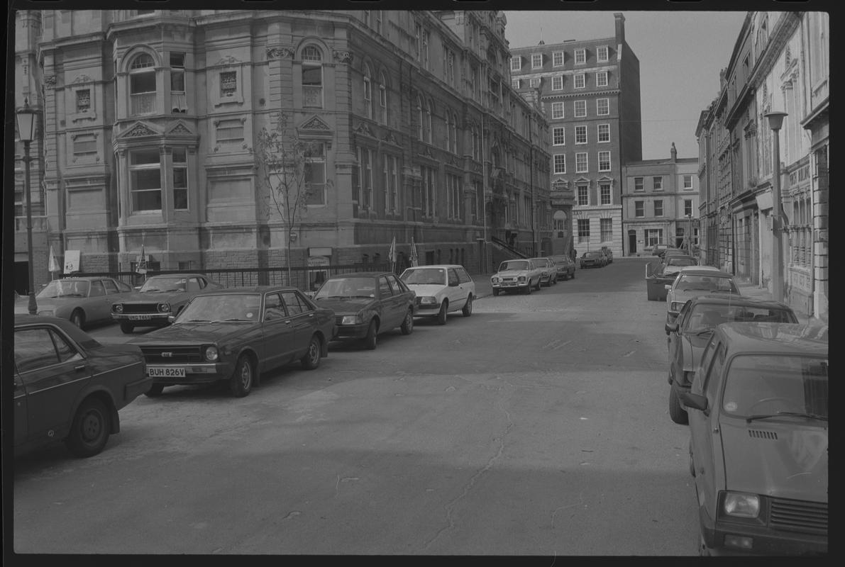 Road on eastern side of Mount Stuart Square, Butetown. The Exchange Building is on the left.