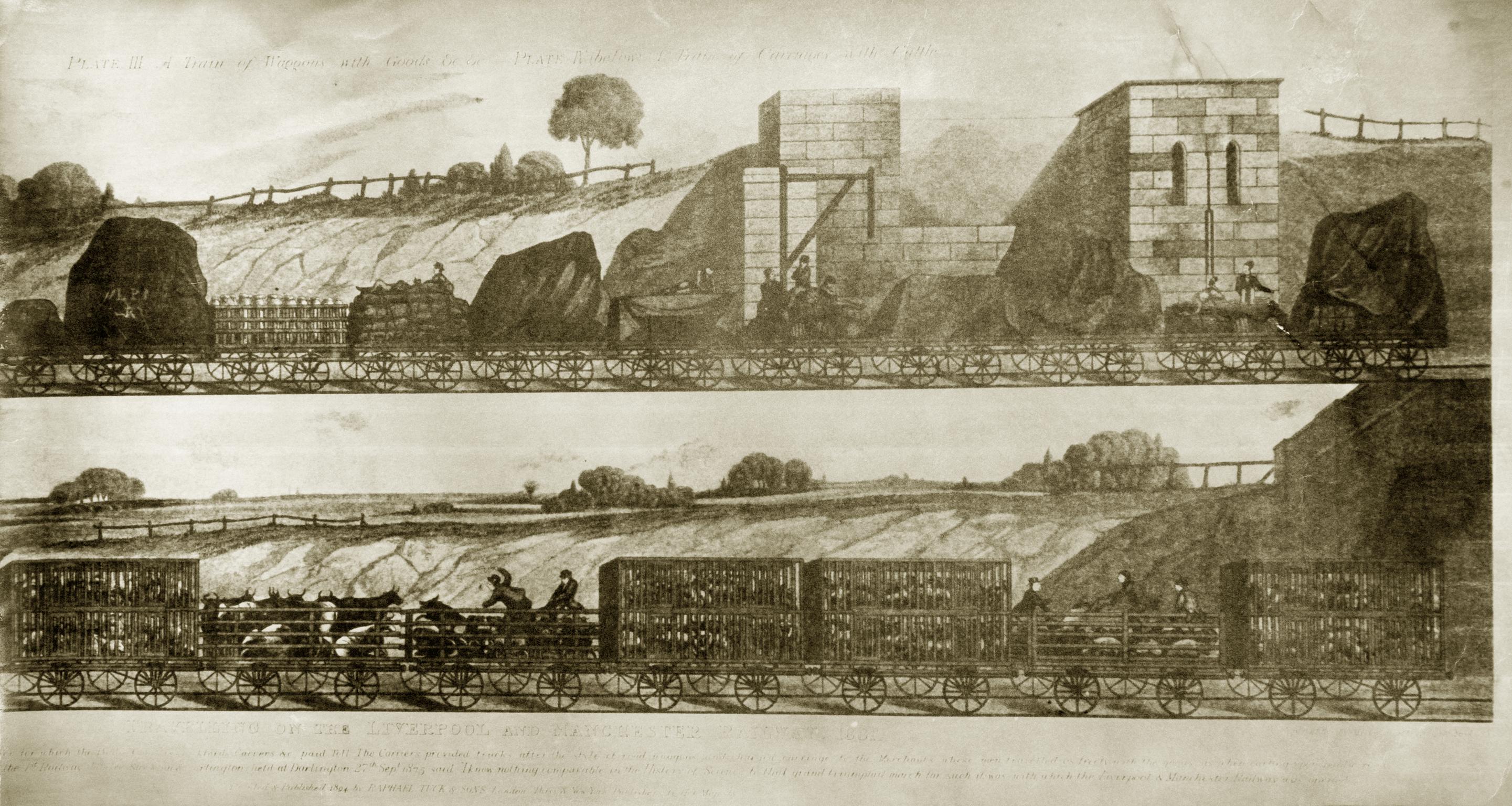Two views of goods trains,1831, on one print
