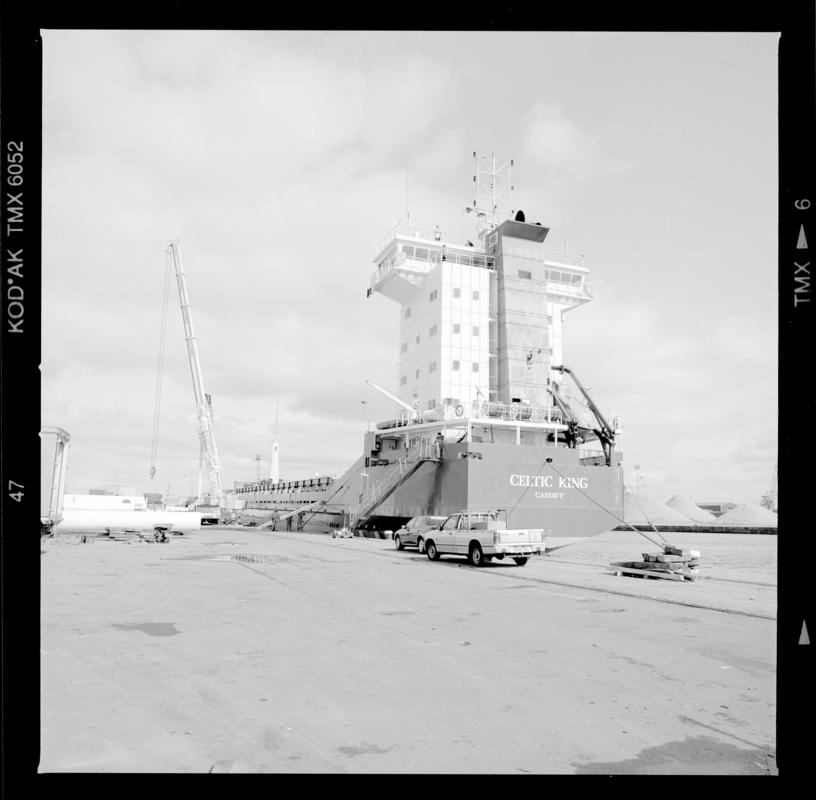 Port stern view of the mv CELTIC KING at her berth, unloading roof trusses for Cardiff&#039;s Millenium Stadium