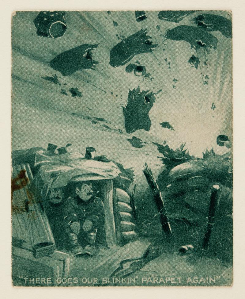 Small message card with illustration of 2 soldiers in a bunker
