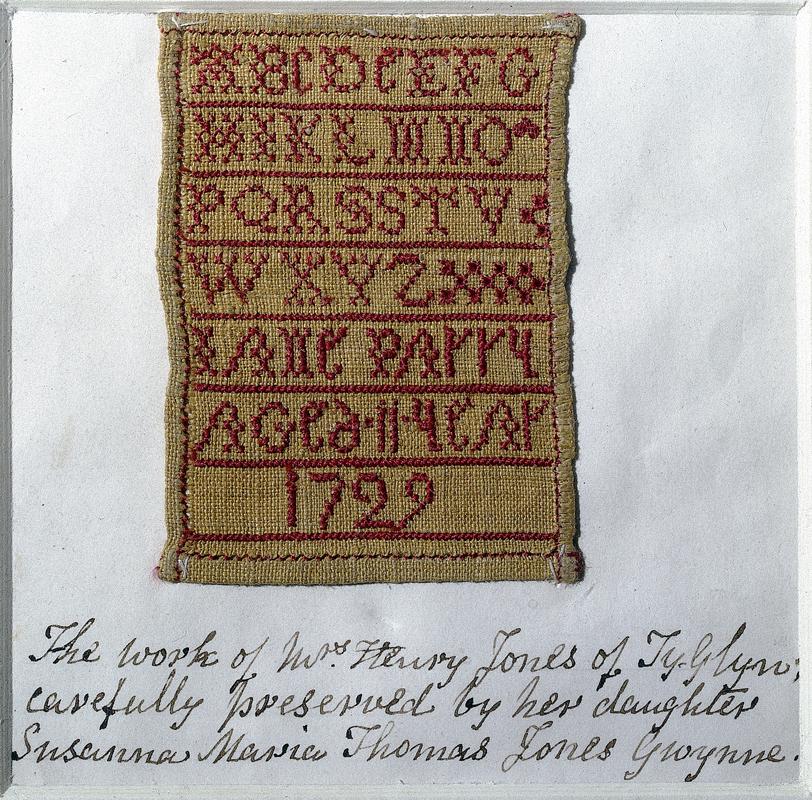 Sampler (miniature alphabet), made in Wales, 1729
