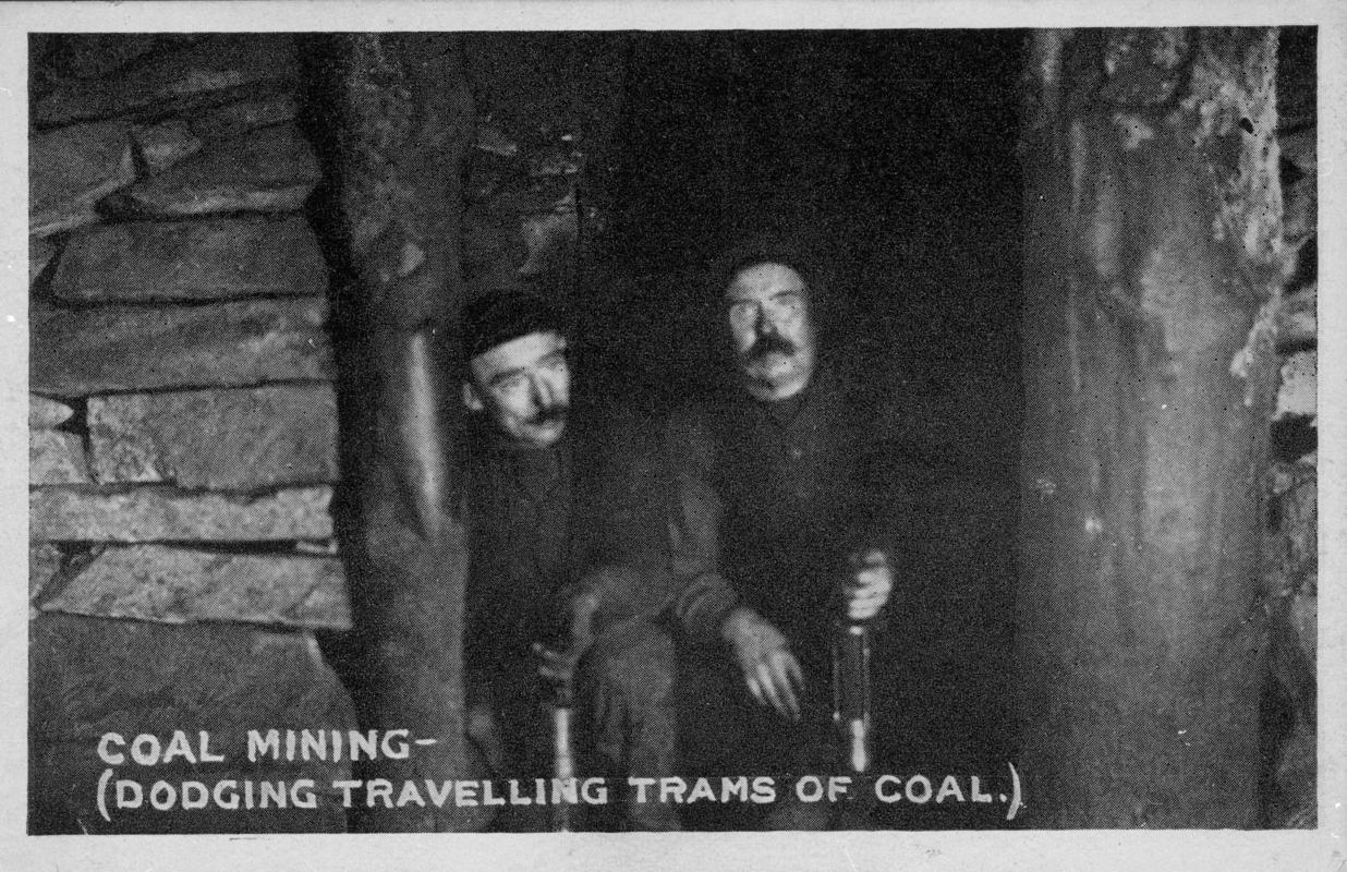 Postcard : &quot;Coal Mining - (Dodging Travelling Trams Of Coal)&quot;
