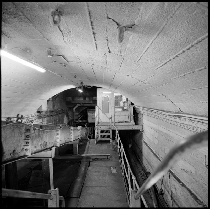 Black and white film negative showing the reconstructed pit bottom at Lady Windsor Colliery, August 1980.  &#039;Lady Windsor Aug 1980&#039; is transcribed from original negative bag.