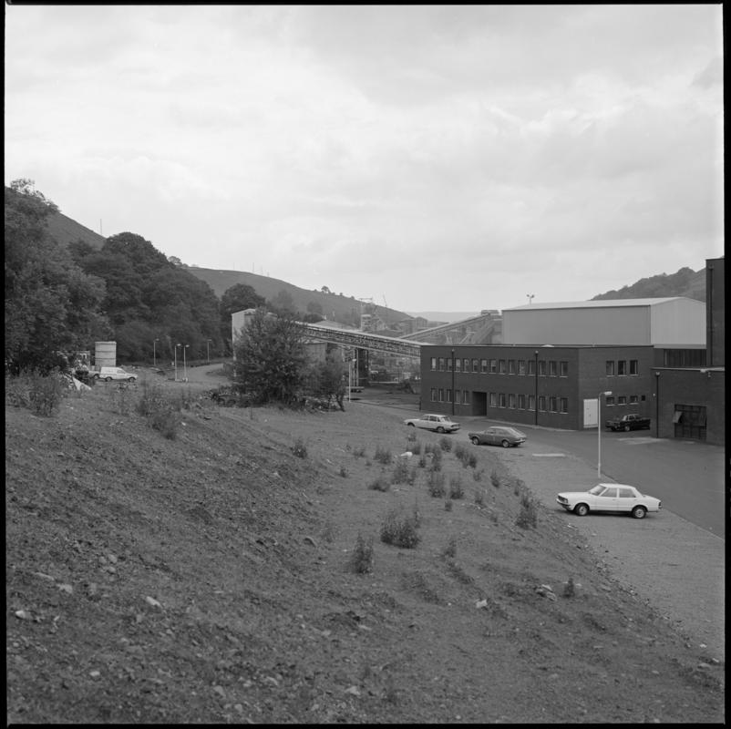 Black and white film negative showing Trelewis Mine offices with Taff Merthyr Colliery in the background.  &#039;Trelewis&#039; is transcribed from original negative bag.