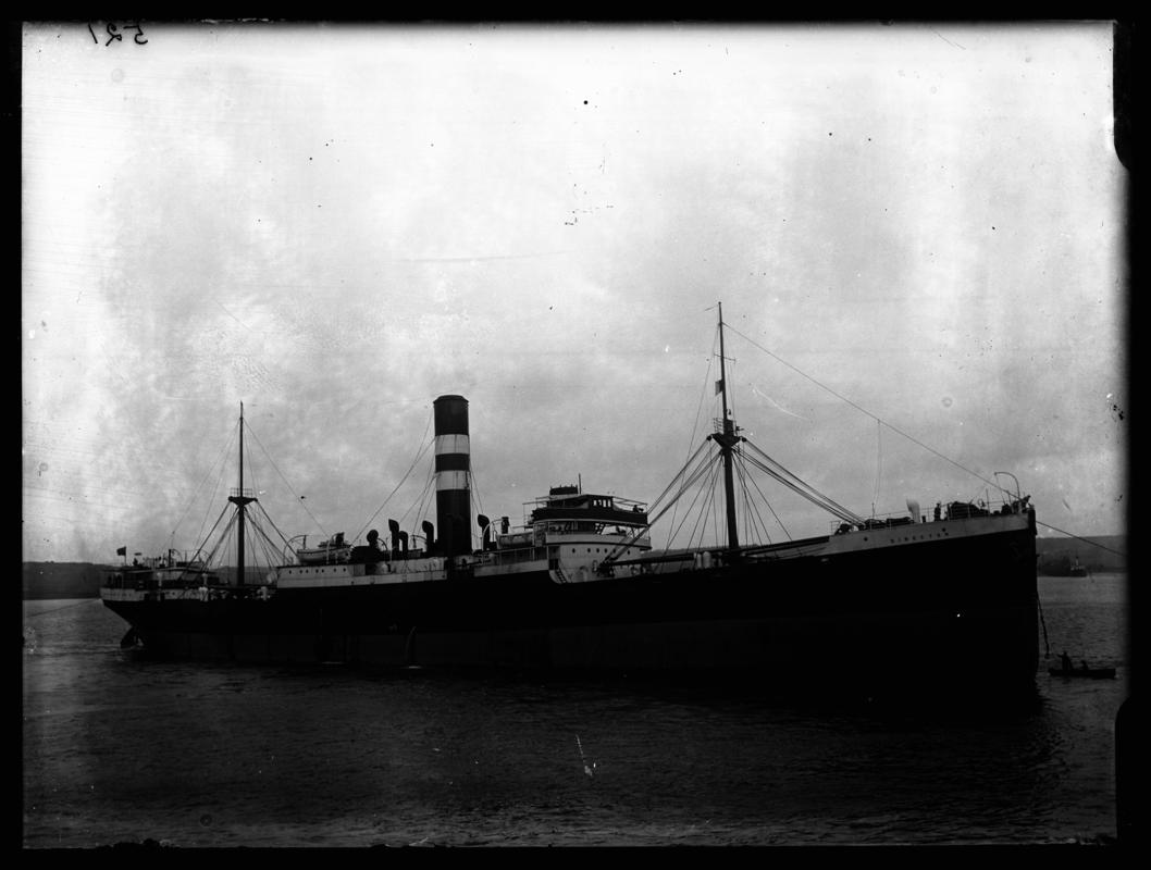 Starboard broadside view of S.S. DIRECTOR and waterman&#039;s boat, c.1936.