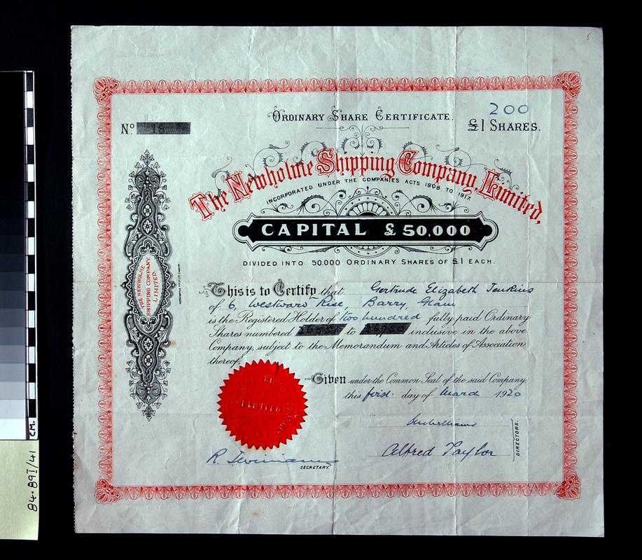 Newholme Shipping Company Ltd., share certificate