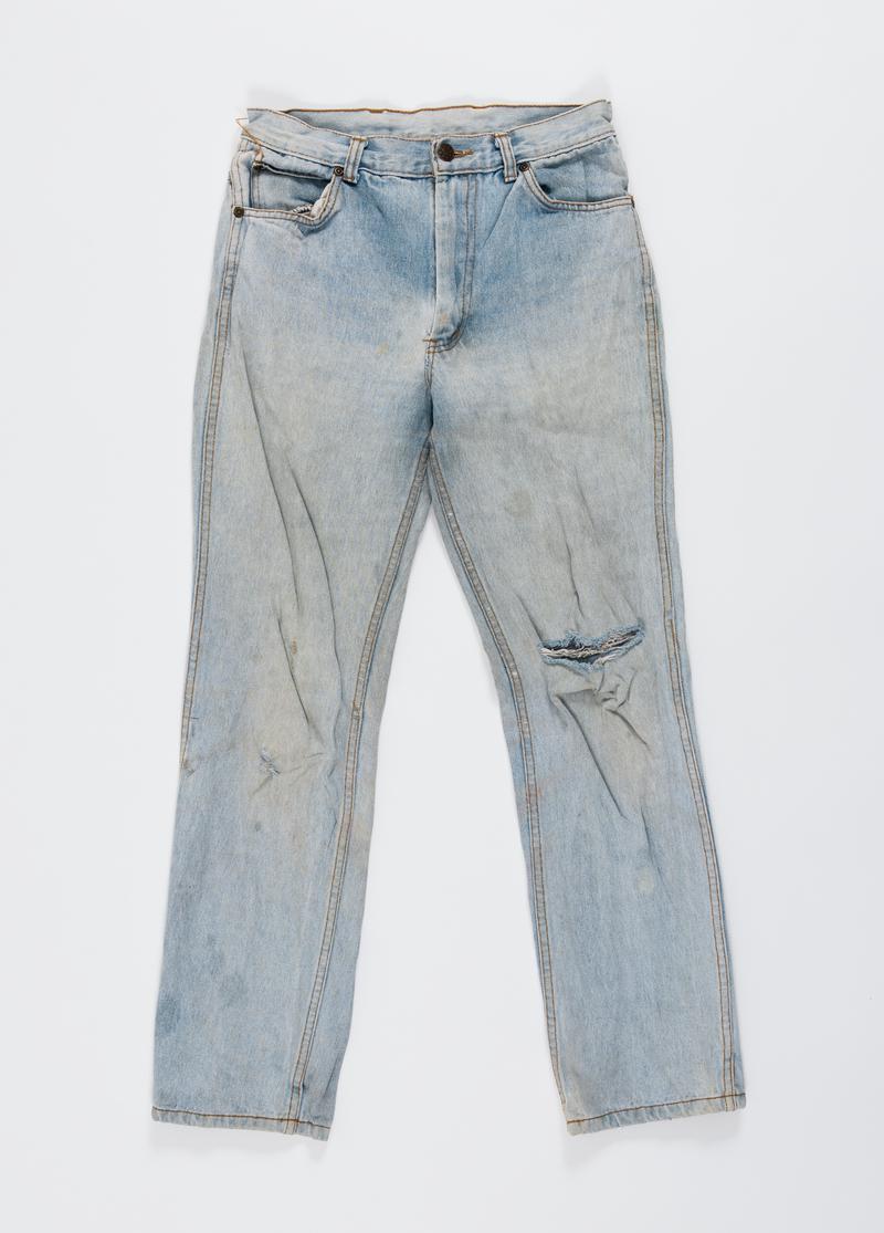 Blue denim jeans worn by Thalia Campbell on the march from Cardiff to Greenham Common, 27 August - 5 September 1981.