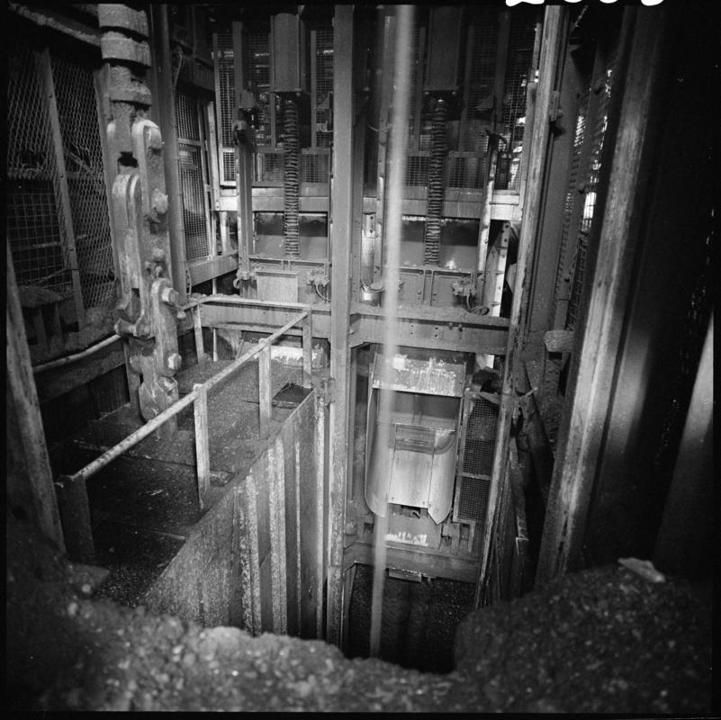 Black and white film negative showing a skip at pit bottom, Lady Windsor Colliery.