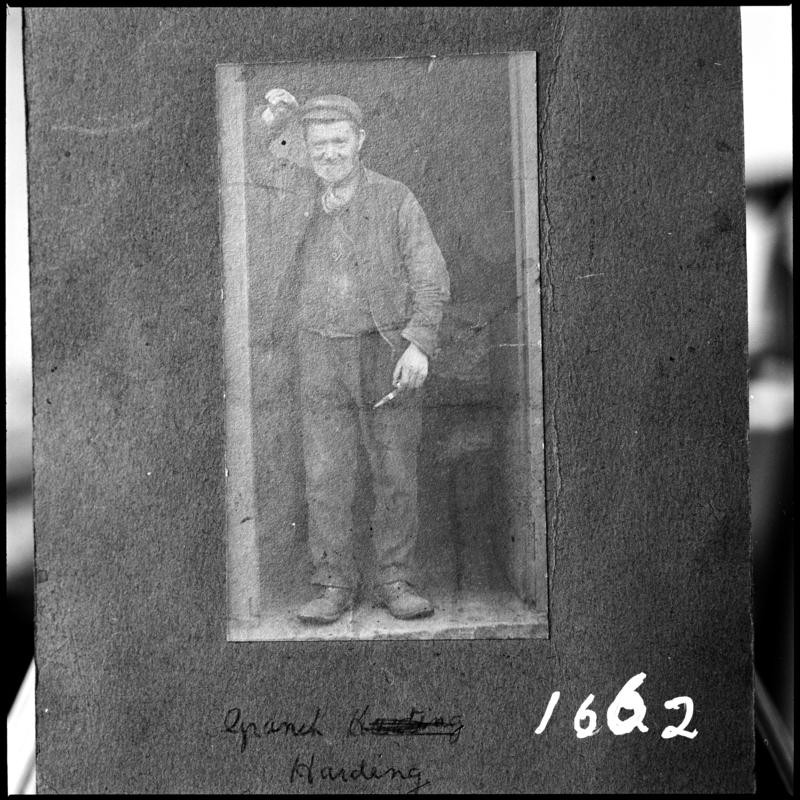 Black and white film negative showing a photograph of a man named &#039;Granch Harding&#039;, ?Treharris.