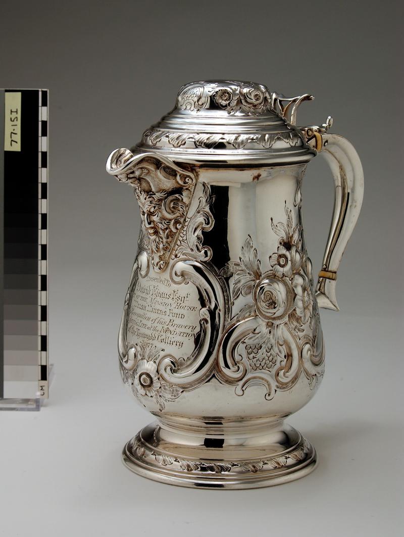 Silver Ewer, &#039;Presented to David Evans Esq out of the Mansion House Welsh Miners&#039; fund in Recognition of his Bravery in Saving Life at the Inundation of the Tynewydd Colliery 1877&#039;