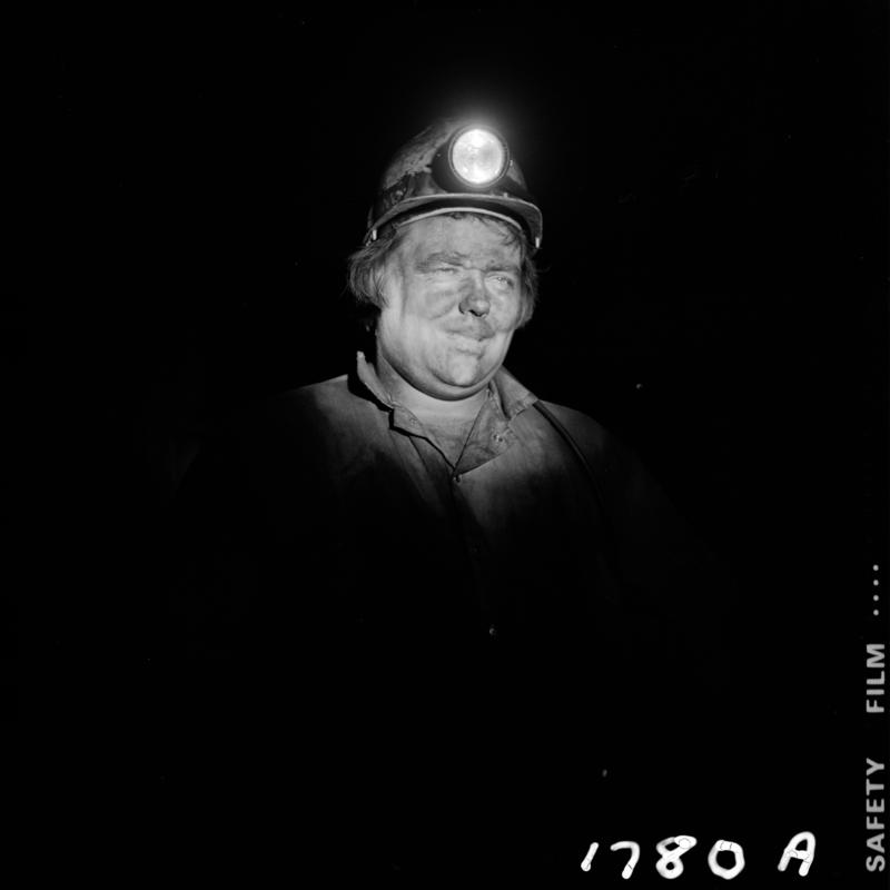 Black and white film negative showing a miner, Blaengwrach Mine, 1 November 1979.  &#039;Blaengwrach 1 Nov 1979&#039; is transcribed from original negative bag.  Appears to be identical to 2009.3/1342, 2009.3/1343, 2009.3/1345 and 2009.3/1346.