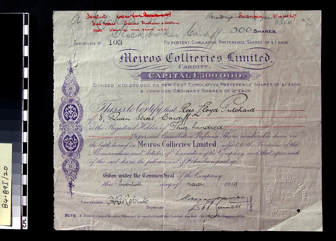 Meiros Collieries Limited, share certificate