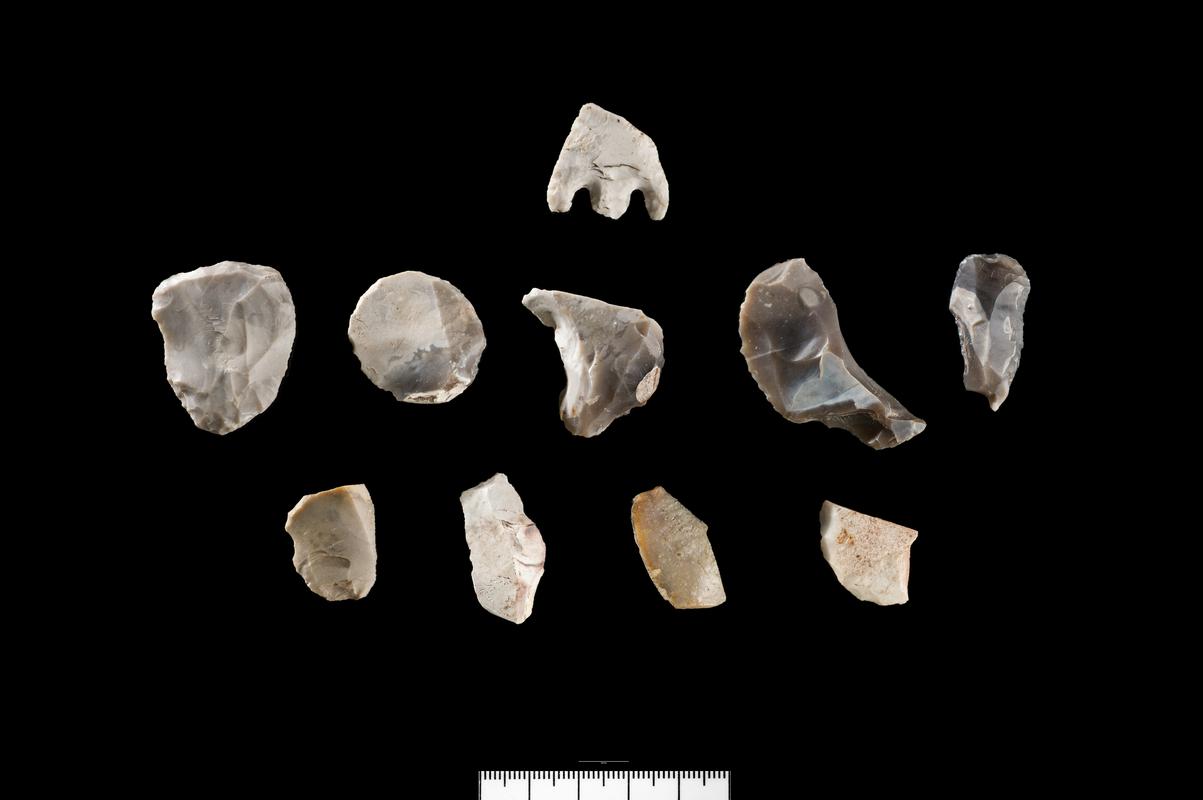 Neolithic and EBA flint tools, EBA flint barbed and tanged arrowhead, Prehistoric flint scraper