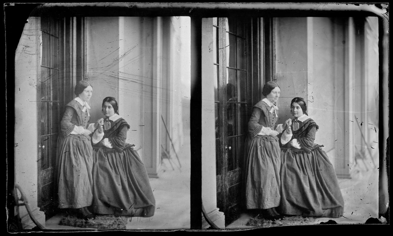 Penllergare, two women on porch, glass negative