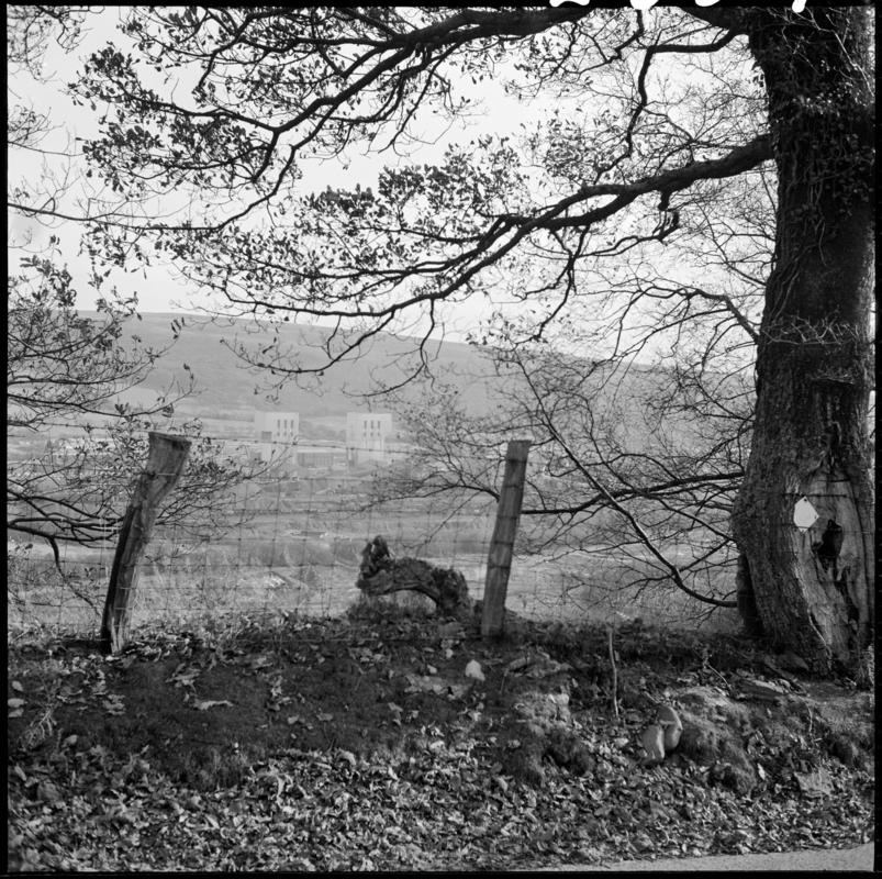 Black and white film negative showing a distant view of Abernant Colliery.  &#039;Abernant&#039; is transcribed from original negative bag.