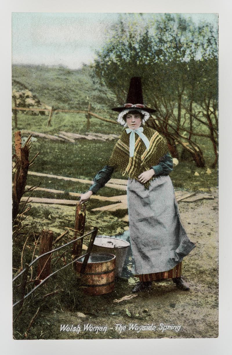 Welsh woman fetching water from &#039;the wayside spring&#039;.