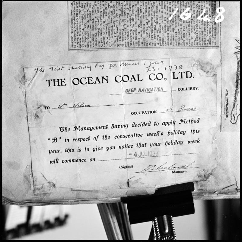 Black and white film negative showing  William Wilson&#039;s holiday notice signed by the Deep Nav Colliery manager, 4 July 1938.