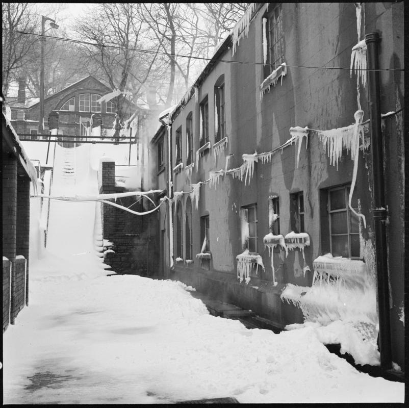 Black and white film negative showing colliery buildings, Six Bells Colliery February 1979.  &#039;Six Bells Abertillery Feb 1979&#039; is transcribed from original negative bag.