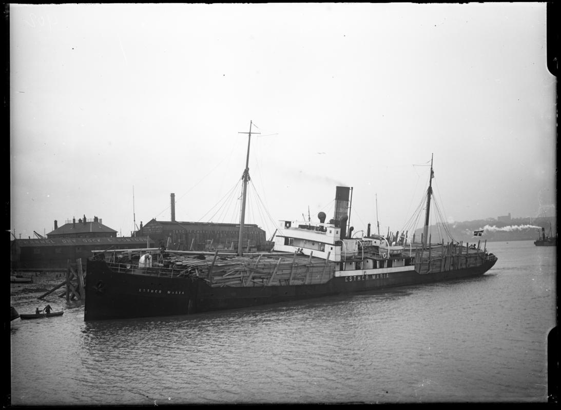 Three quarter Port bow view of S.S. ESTHER MARIA at Cardiff Docks, c.1936.