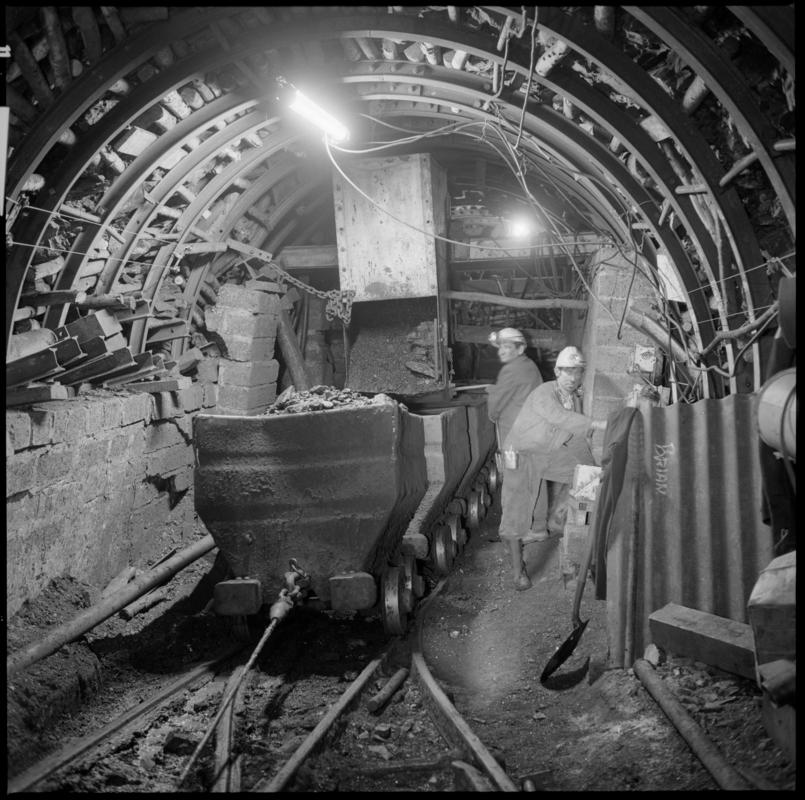 Black and white film negative showing drams underground,  Ammanford Colliery 7 September 1976.  &#039;Ammanford, 7/9/76&#039; is transcribed from original negative bag.