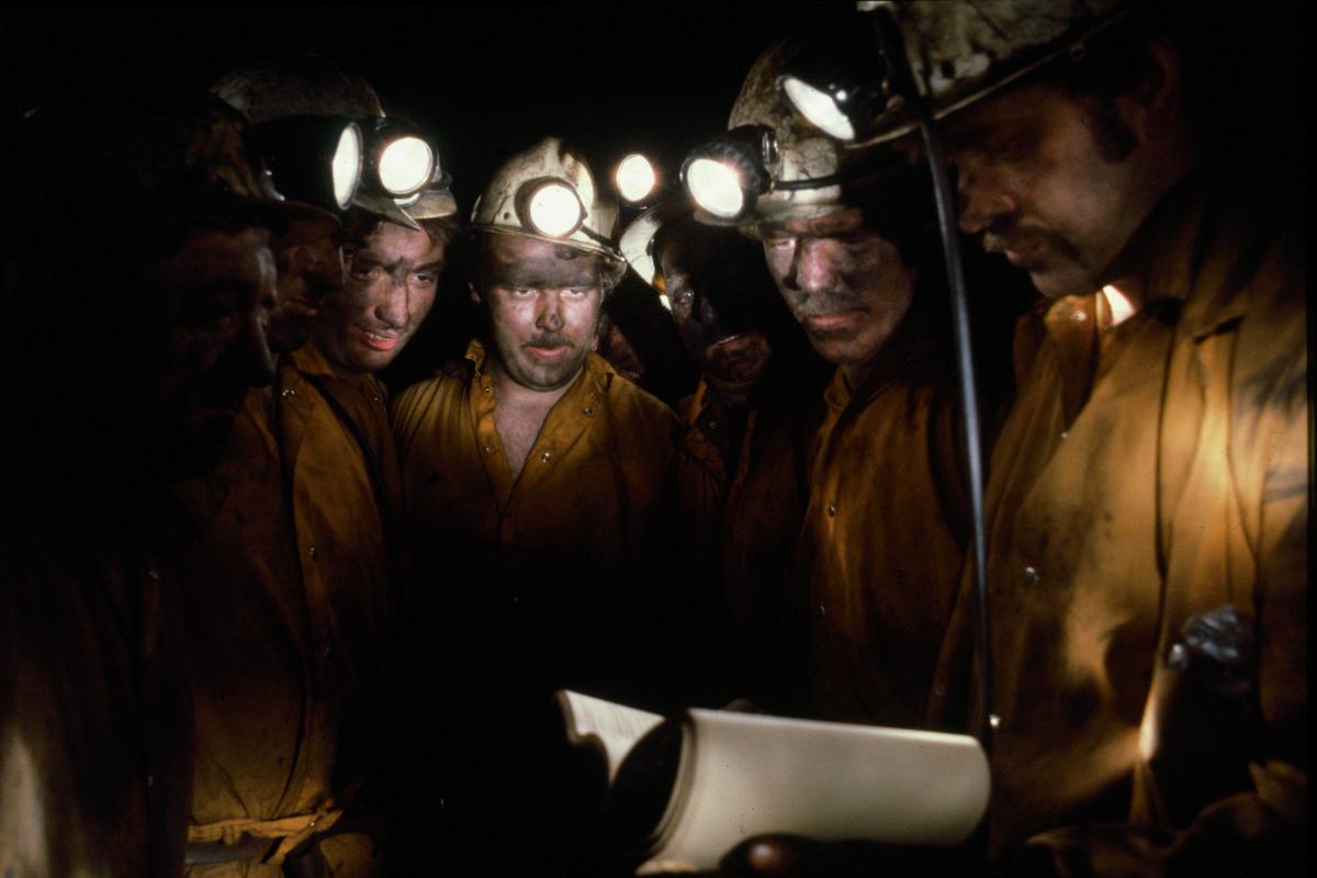Colour film slide showing four Oakdale Colliery miners underground, 21 May 1981.