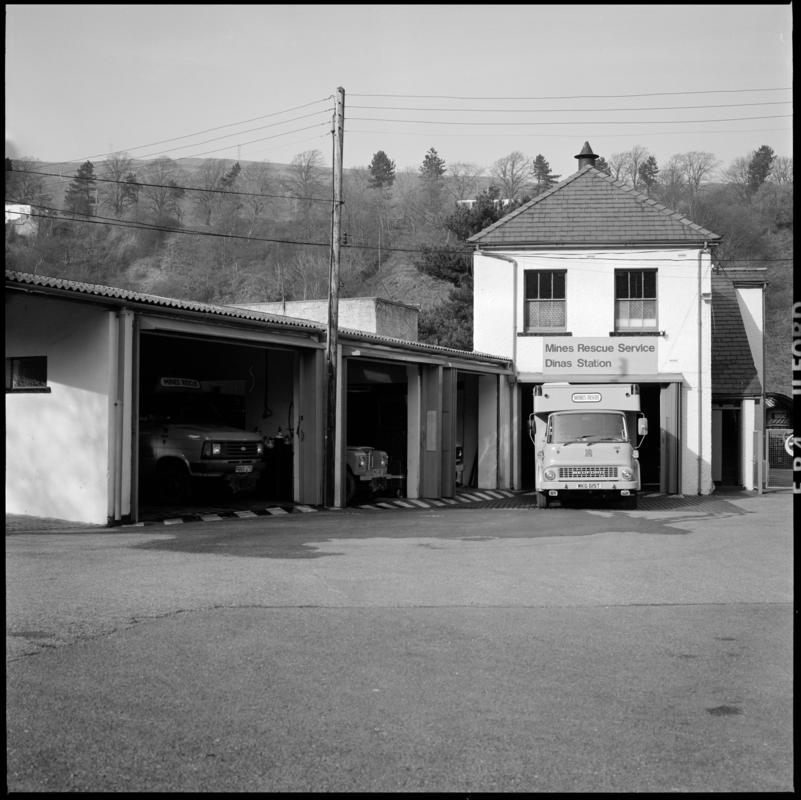 Black and white film negative showing Dinas Mines Rescue Station.
