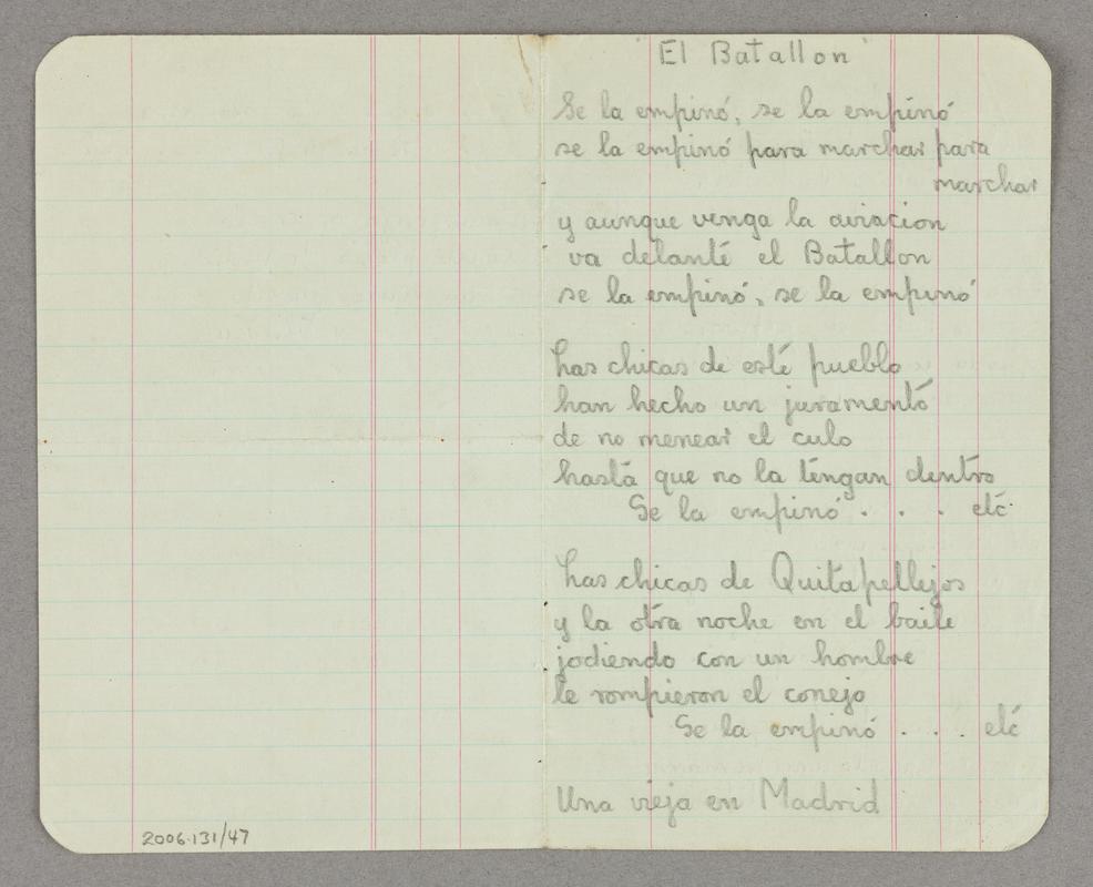 Handwritten song lyrics to &#039;El Batallon&#039;. Front of page