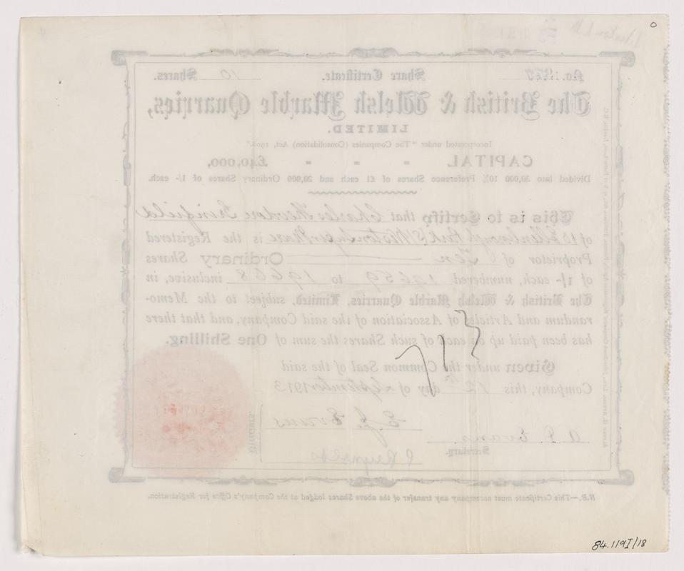 British & Welsh Marble Quarries Ltd., share cert.