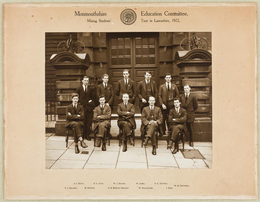 Photograph showing &quot;Monmouthshire Education Committee Mining Students&#039; Tour in Lancashire, 1922&#039;.