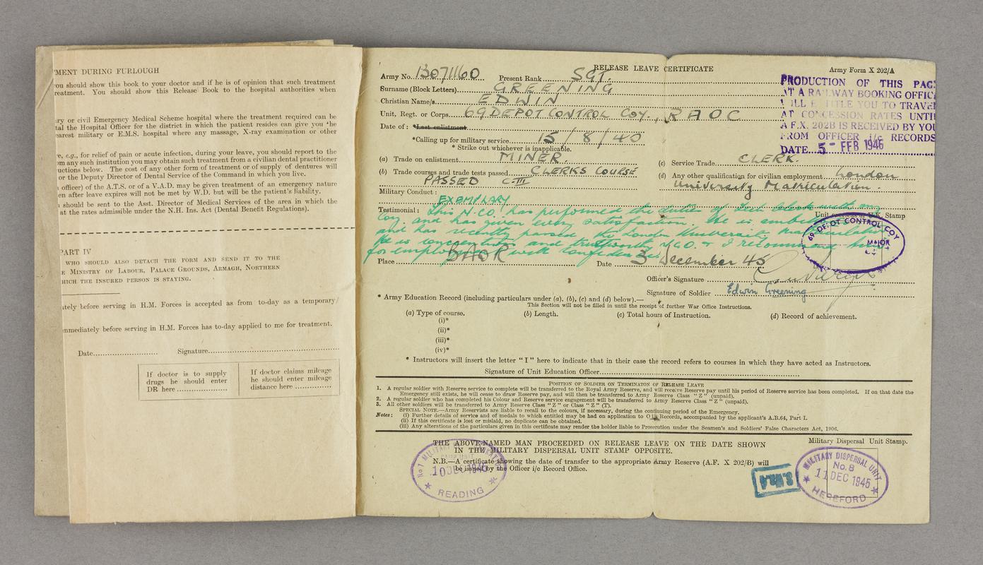 Edwin Greening&#039;s Soldier&#039;s Release Book Class &quot;A&quot;. Army number 13071160. Dated 11 December 1945. Staped at left. Release leave certificate.