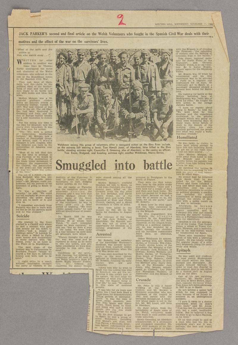Western Mail article by Jack Parker on the Welsh volunteers who fought in the Spanish Civil War. Dated November 17, 1965. Folded.