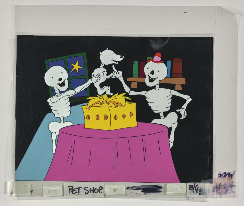 Funny Bones animation production artwork from episode &#039;The Pet Shop&#039; showing characters Big, Little and Dog. Four sheets of cellulose acetate.