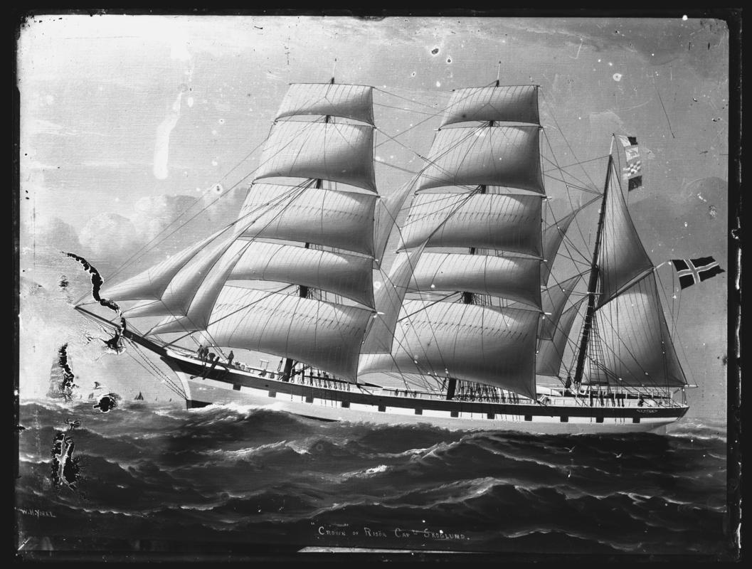Photograph of a painting showing a port broadside view of the three-masted barque CROWN of Risor.  Title of painting - &#039;&#039;CROWN OF RISOR CAPT SKOGLUND&#039;&#039;