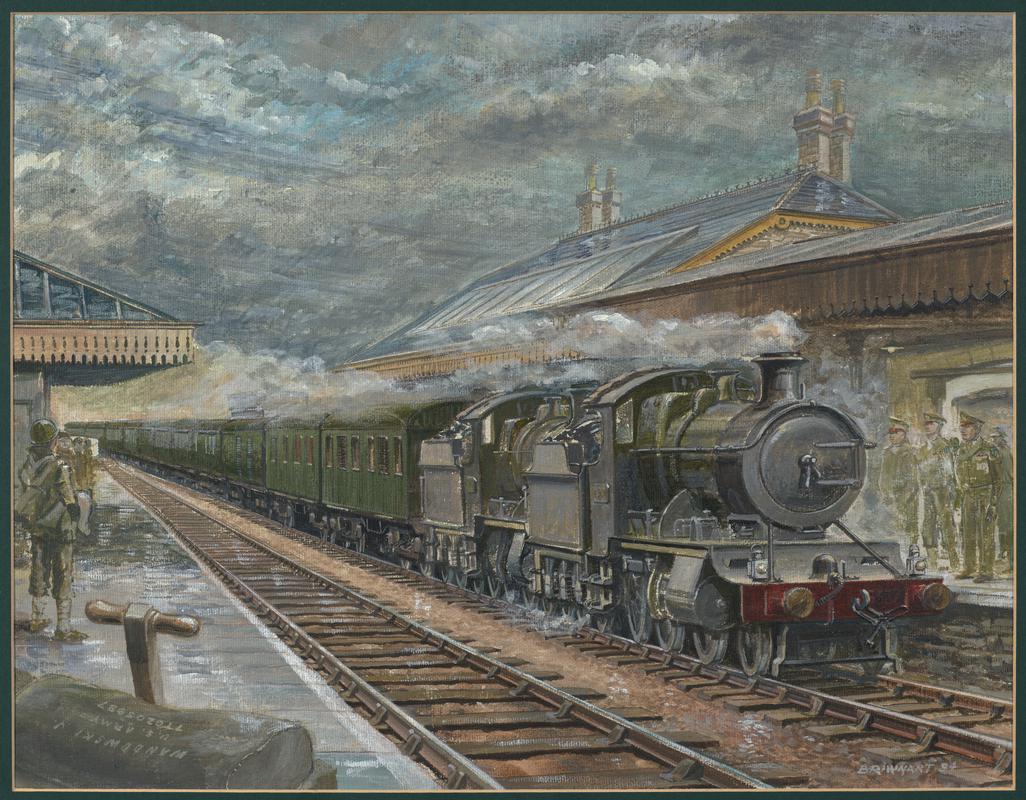 Depicts a double-headed G.W.R. hauled special train used by General Eisenhower and British and American chiefs of staff during Second World War, passing through Tenby Station in June 1944.