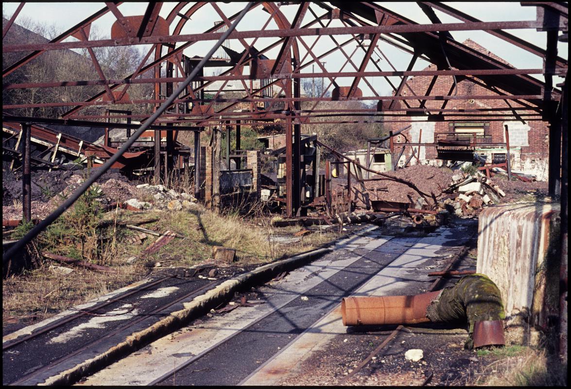 Colour film slide showing the steel frame of a colliery building,  Pantyffynnon Colliery , 26 February 1977.