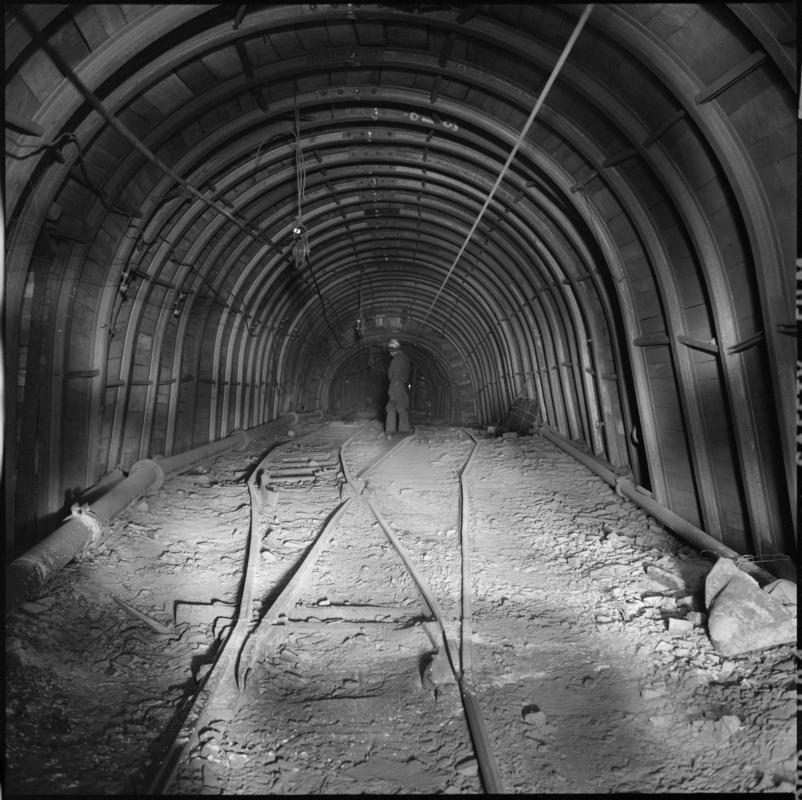 Black and white film negative showing an underground roadway, Wyndham Colliery. &#039;Wyndham&#039; is transcribed from original negative bag.