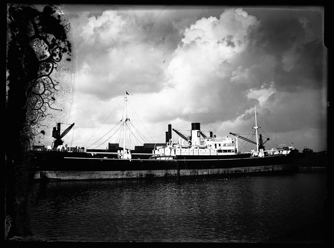 Starboard broadside view of M.V. OAKWORTH at Cardiff Docks,  c.1936.