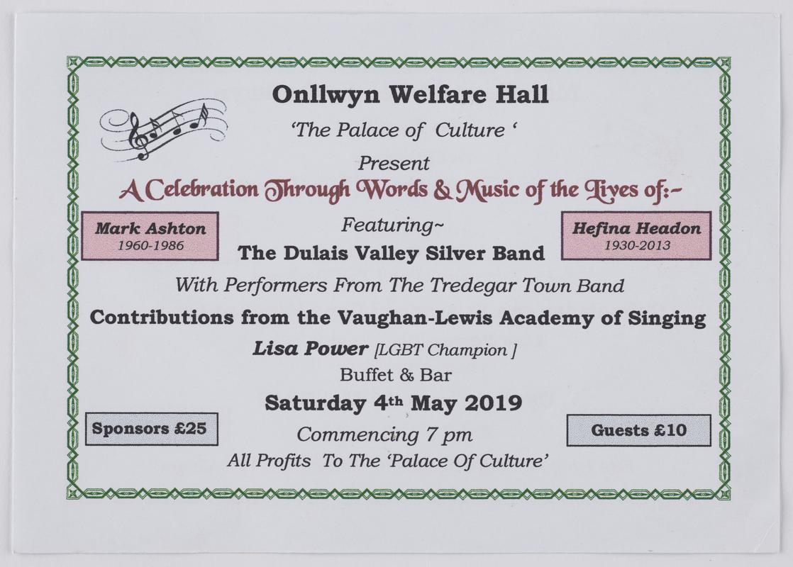 Ticket for event to honour Mark Ashton - English Side. (Lesbians and Gaymen Support the Miners) and Hefina Headon (Secretary Dulais Valley Women&#039;s Support Group). Event held at Onllwyn Welfare Hall &#039;The Palace of Culture&#039; on 4 May 2019.