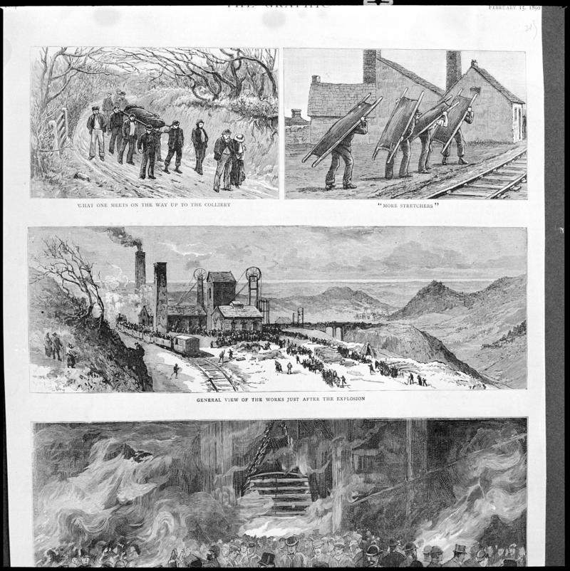 Black and white film negative showing scenes at Llanerch Colliery following the explosion on 6 February 1890, sketched illustrations photographed from a publication.  &#039;Llanerch&#039; is transcribed from original negative bag.
