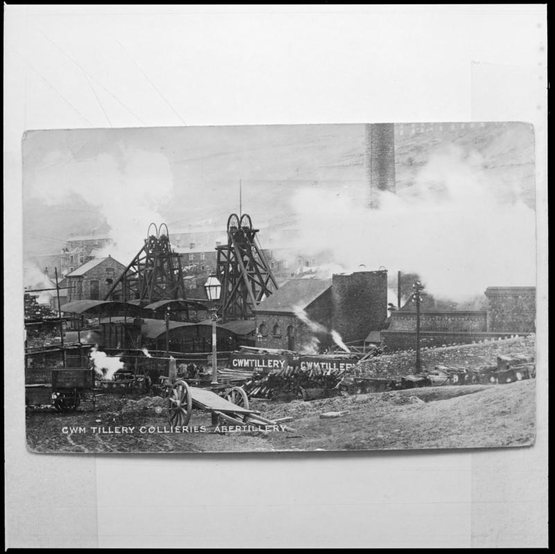 Black and white film negative of a photograph showing a surface view of Cwmtillery Colliery.  &#039;Cwmtillery&#039; is transcribed from original negative bag.  Appears to be identical to 2009.3/2159.