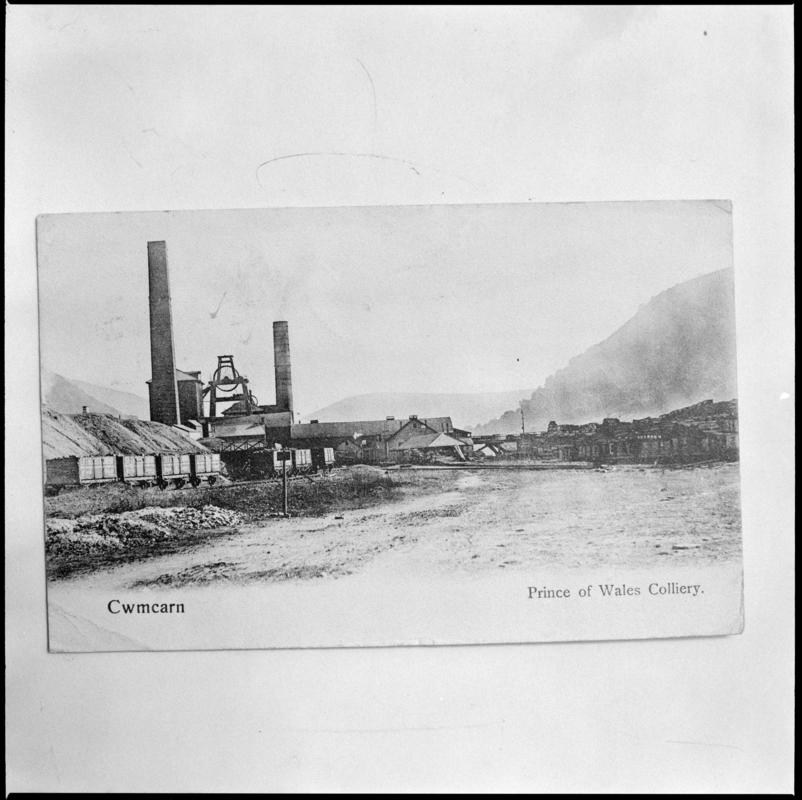 Black and white film negative of a photograph showing a surface view of Prince of Wales Colliery, Abercarn.  &#039;Prince of Wales&#039; is transcribed from original negative bag.