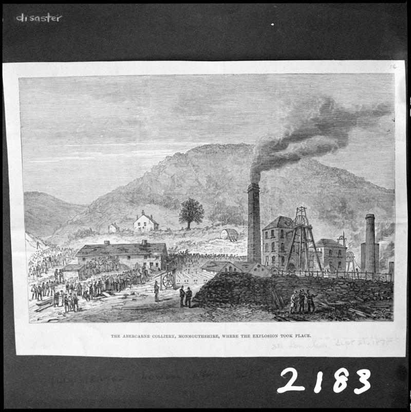Black and white film negative showing the scene after the Prince of Wales Colliery explosion 11 September 1878, a sketched illustration photographed from a publication.  &#039;Abercarn&#039; is transcribed from original negative bag.