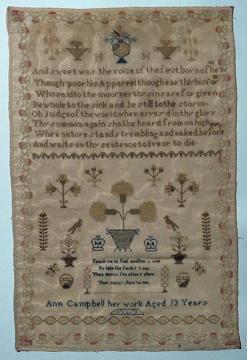 Sampler, (verse &amp; motifs), made in Wales, c. 1855