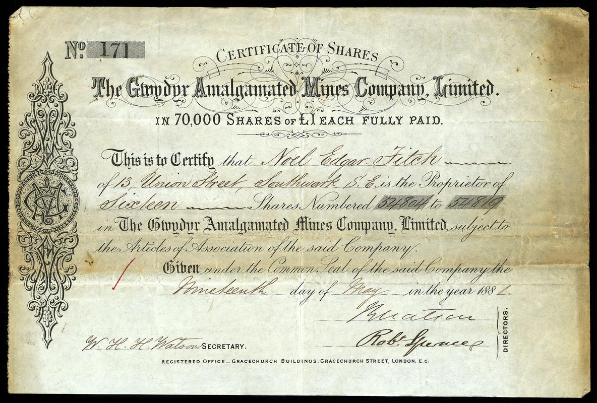 Share Certificate &quot;The Gwydyr Amalgamated Mines  Company Limited&quot;