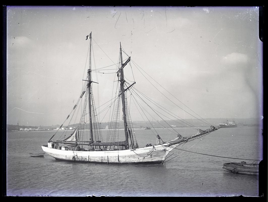 Starboard broadside view of 2 masted topsail schooner, possibly SYLVABELLE, c.1936.