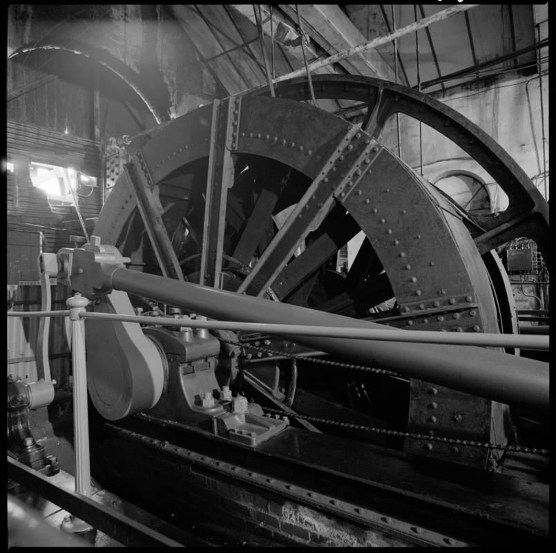 Black and white film negative showing the Hetty winder, Tymawr Colliery, December 1980.  &#039;Hetty winder Dec 1980&#039; is transcribed from original negative bag.