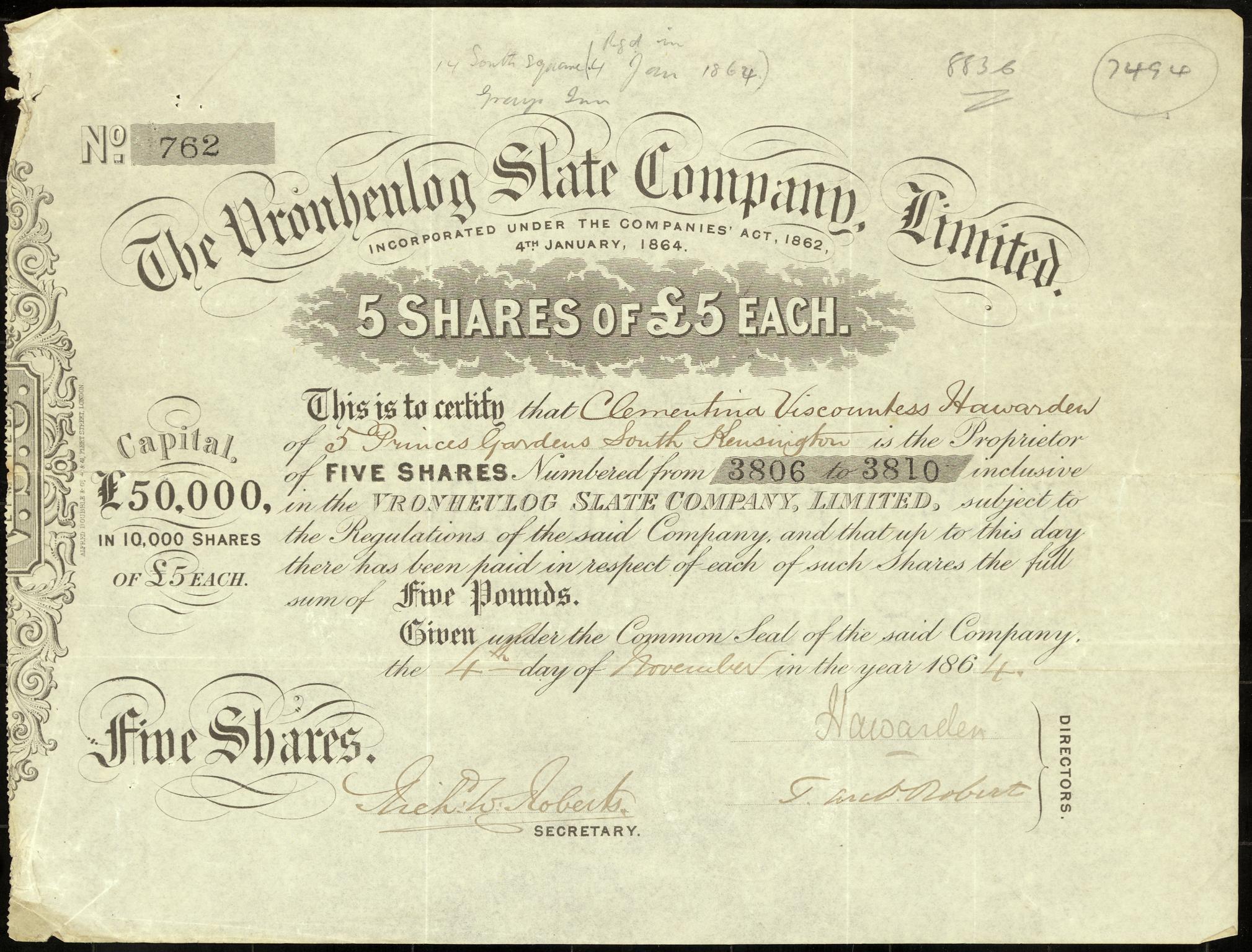 Vronheulog Slate Co. Ltd, share certificate